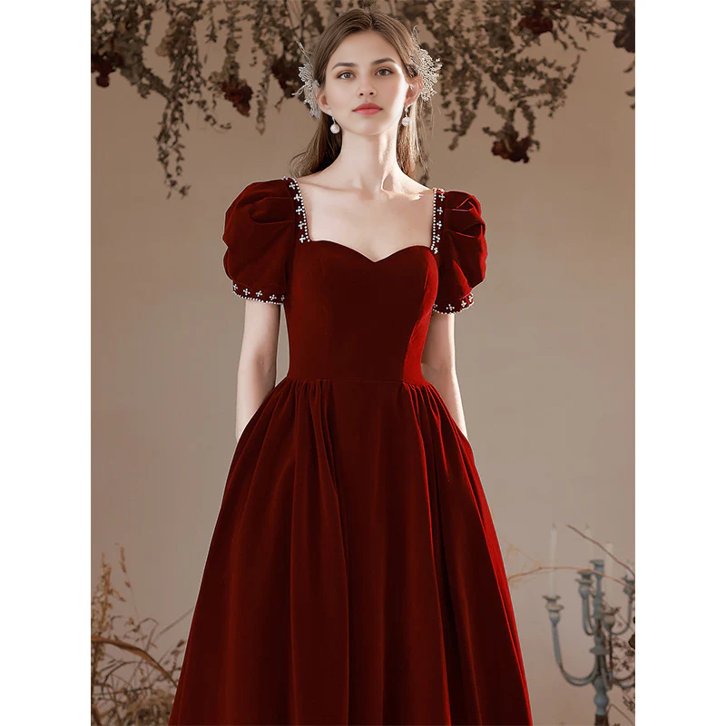 Weitese Formal Women's Dresses Sweetheart A Line Long Prom Dress Puff Sleeves Velvet Burgundy Evening Gown Prom Dresses Stores
